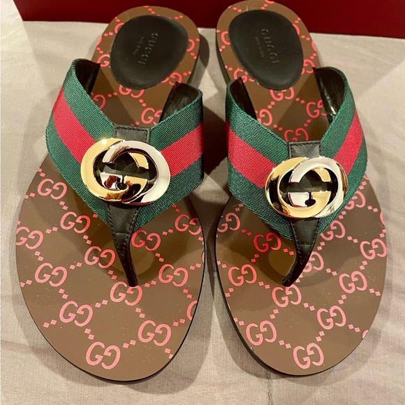 Gucci W Kika Flat Thong Sandals Web GG Nylon & Leather Size 38.5 BNIB - Picture 3 of 6